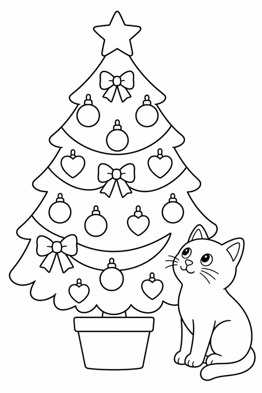Tree and a cat: A decorated tree with a cat sitting beside it looking up, free printable coloring page