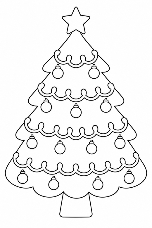 Tree with tinsel swags: A tree with looping tinsel swags across each tier, free printable coloring page