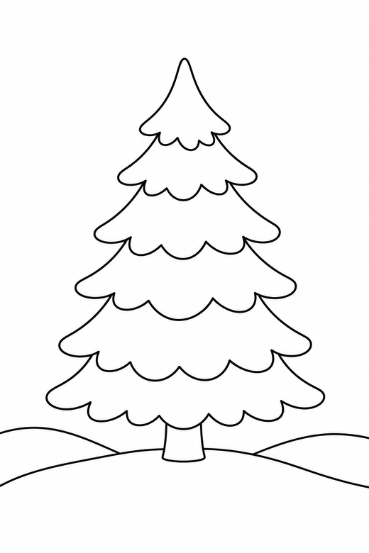 Tree in a snowy field: A single fir tree standing in an open snowy field, free printable coloring page