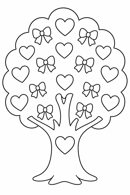 Tree with hanging hearts: A tree decorated with heart shapes and small bows, free printable coloring page