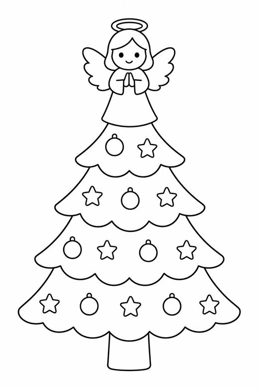 Tree with an angel on top: A tree topped with a small angel figure, free printable coloring page