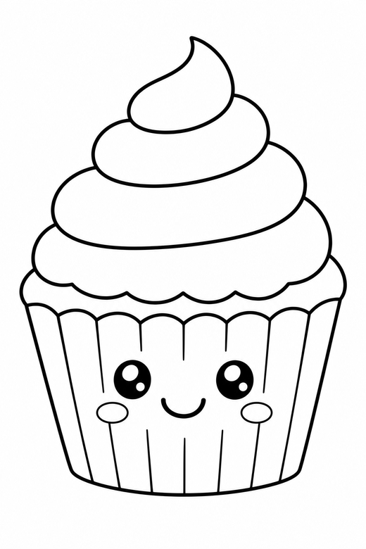 Smiling cupcake: A cute cupcake with a smiling face and a swirl of frosting on top, free printable coloring page