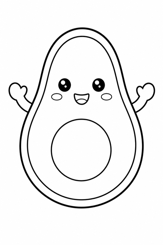 Happy avocado: A cute avocado with a smiling face and small arms, free printable coloring page