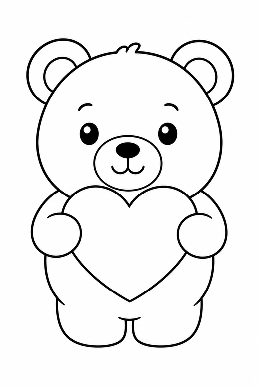 Bear holding a heart: A small round bear holding a heart shape in both paws, free printable coloring page