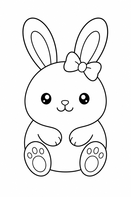 Bunny with a bow: A tiny round bunny with a bow on one ear, sitting, free printable coloring page