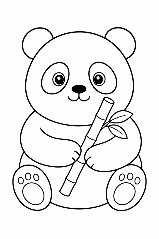 Panda eating bamboo: A round panda holding a single bamboo stalk, sitting, free printable coloring page
