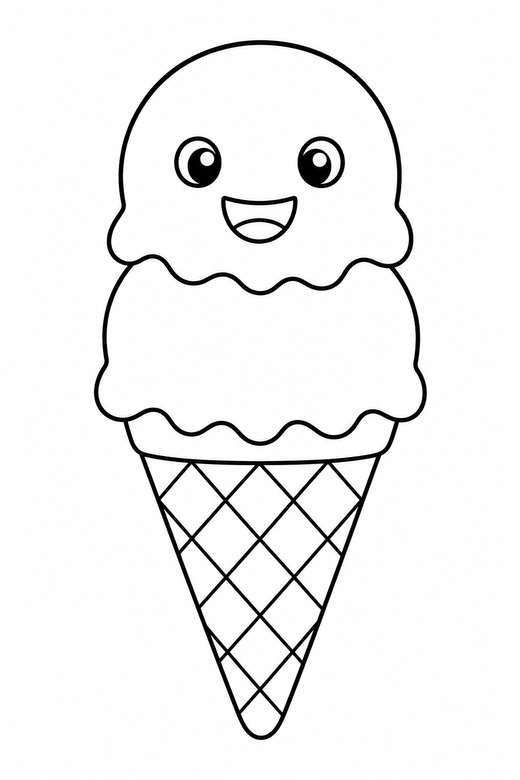 Ice cream cone: An ice cream cone with two scoops and a smiling face, free printable coloring page