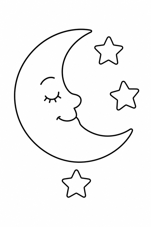 Sleeping moon: A crescent moon with a sleeping face and three small stars, free printable coloring page