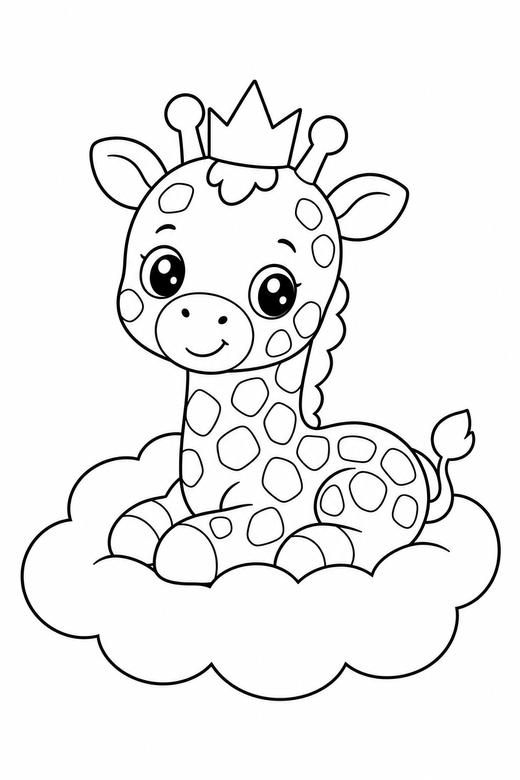 Giraffe crowned on a cloud: A baby giraffe wearing a tiny paper crown resting on a soft cloud, in a soft rounded kawaii style, free printable coloring page