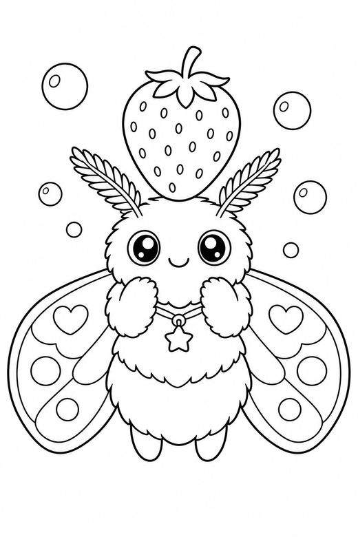 Moth strawberry hat with bubbles: A fluffy moth balancing a strawberry on its head with a few bubbles around it, with small decorative details such as tiny patterns and a little accessory, free printable coloring page