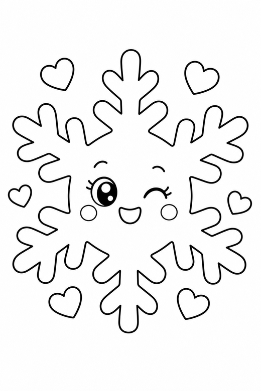 Snowflake winking with hearts: A simple snowflake winking one eye with tiny hearts around it, in a soft rounded kawaii style, free printable coloring page