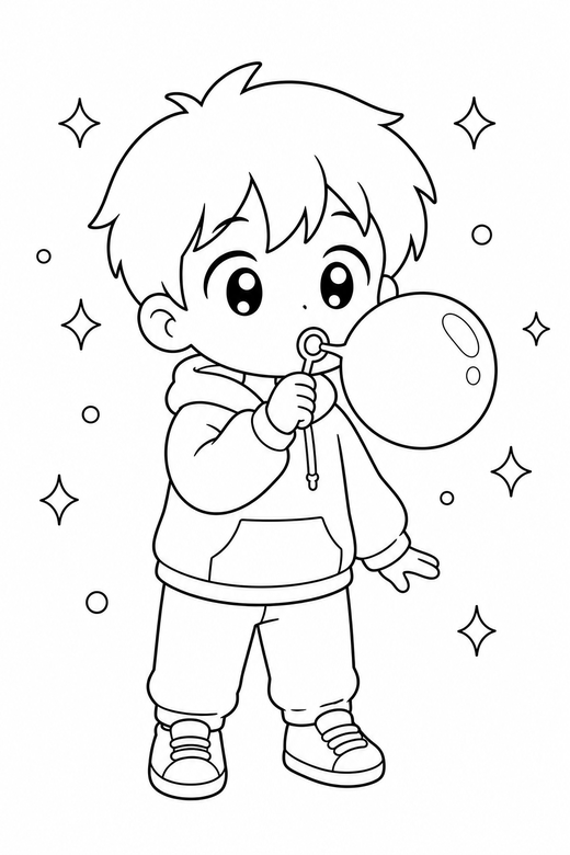 Boy in a hoodie blowing a bubble: An original chibi boy in a hoodie blowing a soap bubble with sparkles around, in a soft rounded kawaii style, free printable coloring page