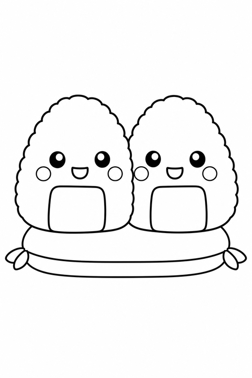 Two onigiri cheek to cheek on a cushion: Two rice balls side by side cheek to cheek on one cushion together, in a soft rounded kawaii style, free printable coloring page