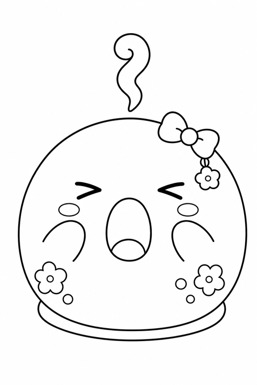 Mochi yawning steaming: A soft round mochi mid-yawn with eyes squeezed shut with a little curl of steam rising, with small decorative details such as tiny patterns and a little accessory, free printable coloring page