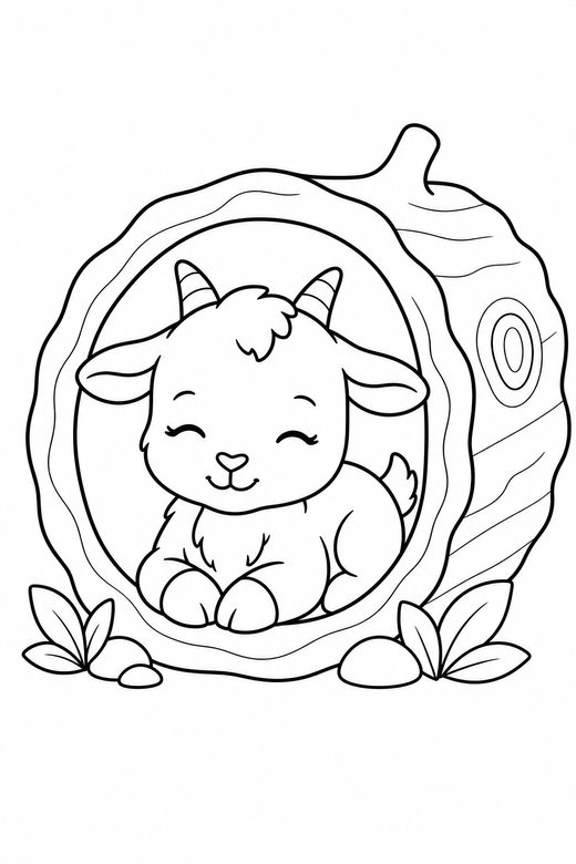 Kid goat content in a log: A small kid goat with eyes closed contentedly inside a hollow log, in a soft rounded kawaii style, free printable coloring page