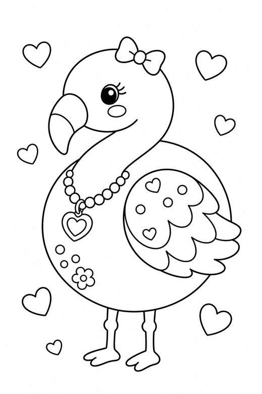Flamingo with a bow with hearts: A round flamingo with a tiny bow on its head with small hearts floating around it, with small decorative details such as tiny patterns and a little accessory, free printable coloring page
