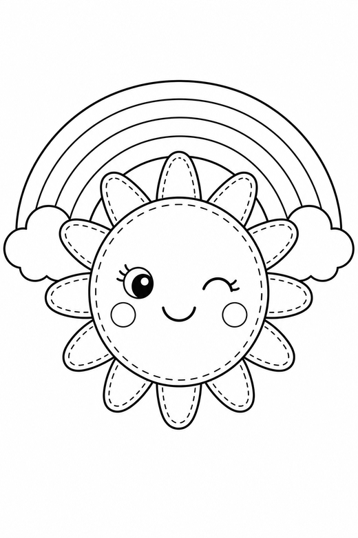 Sun winking with a rainbow: A round sun with short rays winking one eye with a tiny rainbow behind it, drawn to look like a soft plush toy with visible stitch lines, free printable coloring page