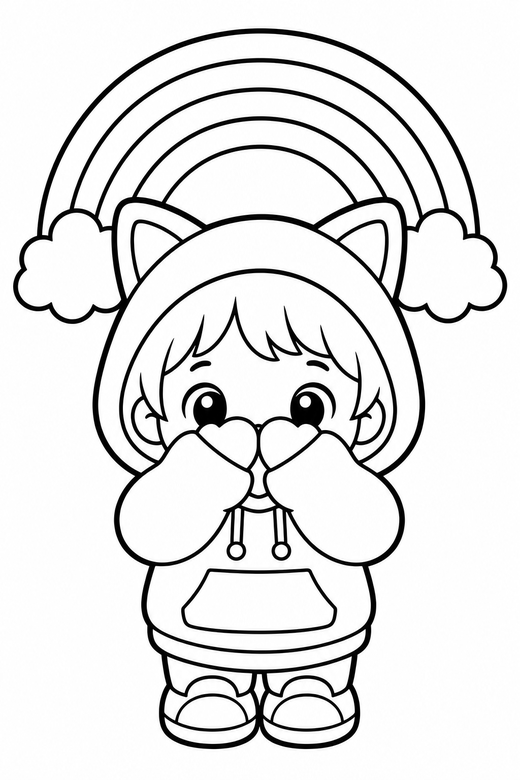 Kid in a cat-ear hoodie peeking: An original chibi child in a hoodie with cat ears peeking from behind both hands under a small rainbow, in a chunky sticker style with an extra thick outline, free printable coloring page