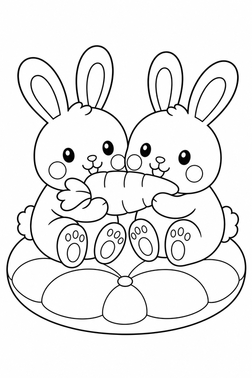 Two bunnies with a carrot blushing: Two bunnies sharing one carrot with matching rosy cheeks on one cushion together, in a soft rounded kawaii style, free printable coloring page