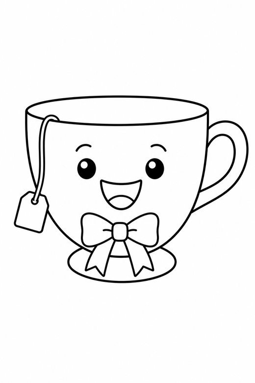 Teacup with a teabag smiling with a bow: A teacup with a teabag string hanging over the side with a wide happy smile wearing a small ribbon bow, in a very simple minimal style with only a few lines, free printable coloring page