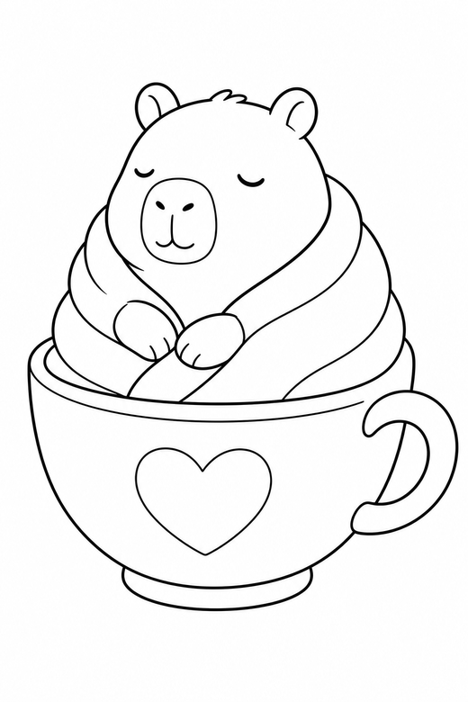 Capybara in a blanket in a teacup: A calm capybara wrapped in a small blanket inside a teacup, in a soft rounded kawaii style, free printable coloring page