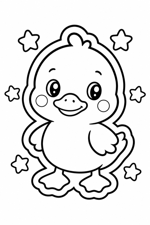 Duckling blushing with stars: A small duckling with rosy cheeks and a tiny smile with little stars around it, in a chunky sticker style with an extra thick outline, free printable coloring page
