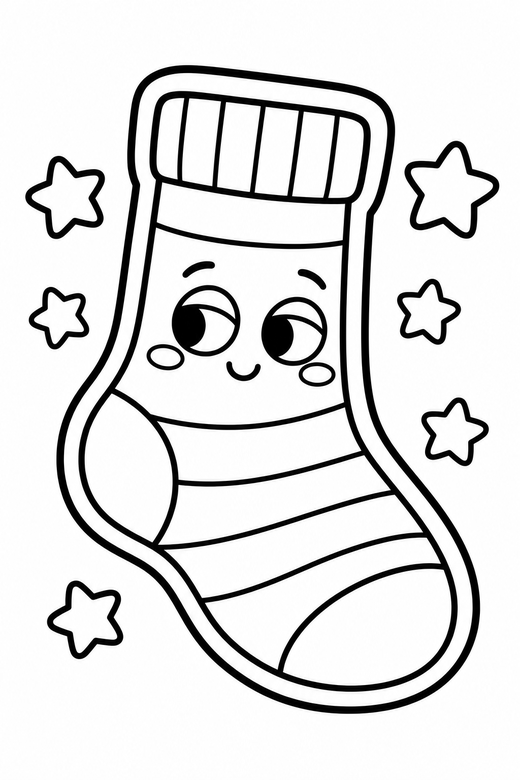 Sock shy with stars: A striped sock with a shy sideways glance with little stars around it, in a chunky sticker style with an extra thick outline, free printable coloring page