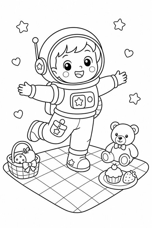 Little astronaut twirling: An original chibi child in an astronaut suit twirling with arms out on a picnic blanket, with small decorative details such as tiny patterns and a little accessory, free printable coloring page