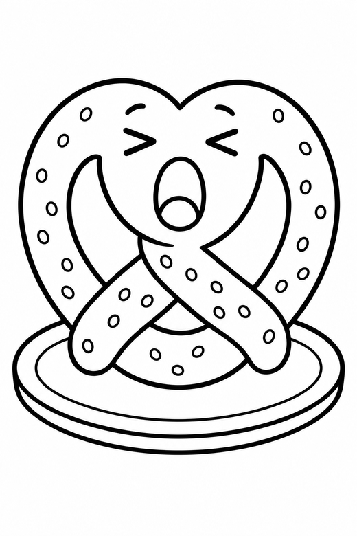 Pretzel yawning on a plate: A twisted pretzel with salt dots mid-yawn with eyes squeezed shut on a small round plate, in a chunky sticker style with an extra thick outline, free printable coloring page