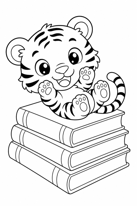 Tiger cub on its back on books: A tiger cub lying on its back with paws in the air on a stack of books, in a chibi style with an oversized head and a tiny body, free printable coloring page
