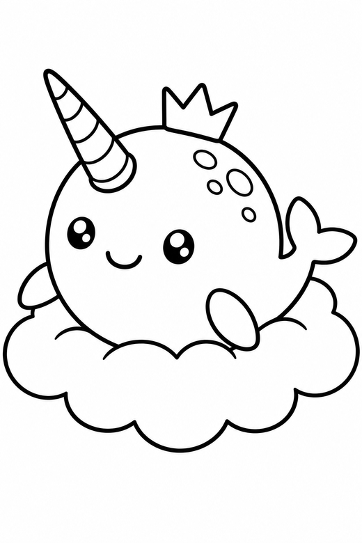 Narwhal crowned on a cloud: A round narwhal wearing a tiny paper crown resting on a soft cloud, in a chunky sticker style with an extra thick outline, free printable coloring page
