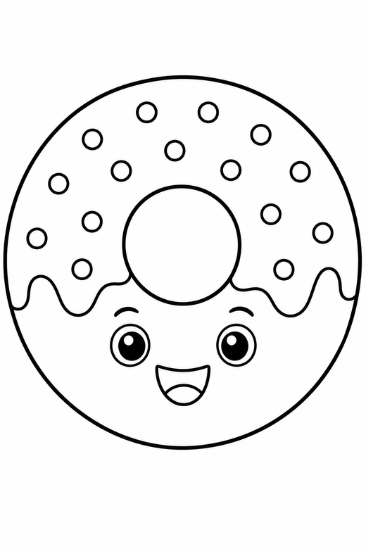 Donut with sprinkles: A donut with a happy face and simple round sprinkles, free printable coloring page