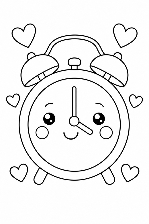 Alarm clock blushing with hearts: A round alarm clock with two bells with rosy cheeks and a tiny smile with tiny hearts around it, in a very simple minimal style with only a few lines, free printable coloring page