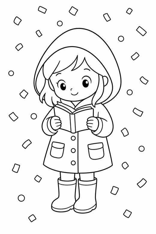 Girl in a raincoat reading with confetti: An original chibi girl in a raincoat and boots reading a small book with confetti falling, in a very simple minimal style with only a few lines, free printable coloring page