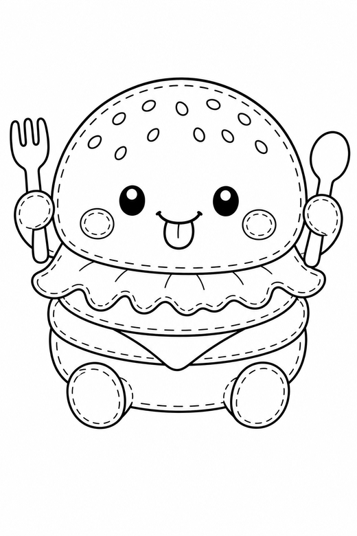 Burger cheeky with cutlery: A burger with lettuce and a sesame bun sticking out a tiny tongue with a tiny fork and spoon beside it, drawn to look like a soft plush toy with visible stitch lines, free printable coloring page