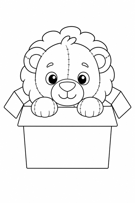 Lion cub peeking in a box: A lion cub peeking over a ledge inside a cardboard box, drawn to look like a soft plush toy with visible stitch lines, free printable coloring page