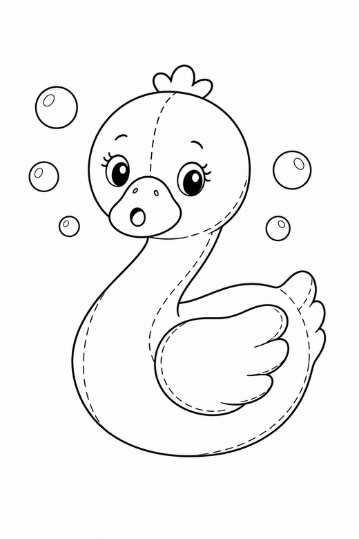 Swan surprised with bubbles: A small swan with a surprised round mouth with a few bubbles around it, drawn to look like a soft plush toy with visible stitch lines, free printable coloring page