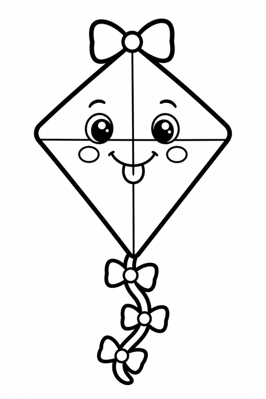 Kite cheeky with a bow: A diamond kite with a tail sticking out a tiny tongue with a small bow on top, in a chunky sticker style with an extra thick outline, free printable coloring page