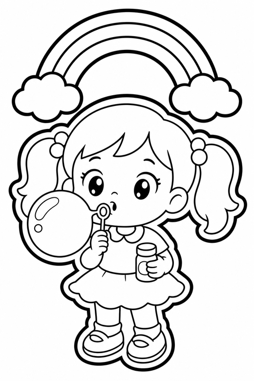 Girl with pigtails blowing a bubble: An original chibi girl with pigtails blowing a soap bubble under a small rainbow, in a chunky sticker style with an extra thick outline, free printable coloring page