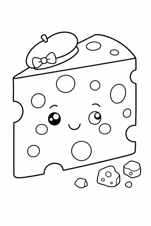Cheese wedge blushing with crumbs: A wedge of cheese with round holes with rosy cheeks and a tiny smile with a few crumbs beside it, with small decorative details such as tiny patterns and a little accessory, free printable coloring page