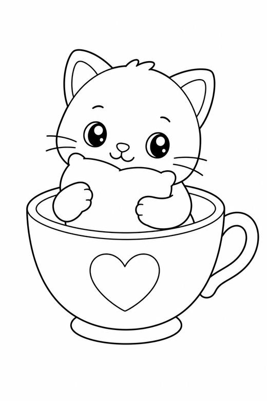 Kitten hugging a cushion in a teacup: A tiny kitten hugging a small cushion inside a teacup, in a soft rounded kawaii style, free printable coloring page