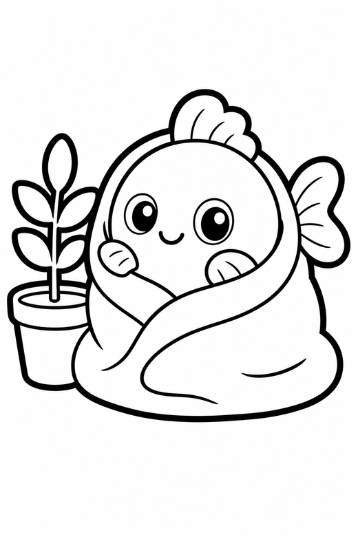 Goldfish in a blanket by a plant: A round goldfish wrapped in a small blanket beside a small potted plant, in a chunky sticker style with an extra thick outline, free printable coloring page