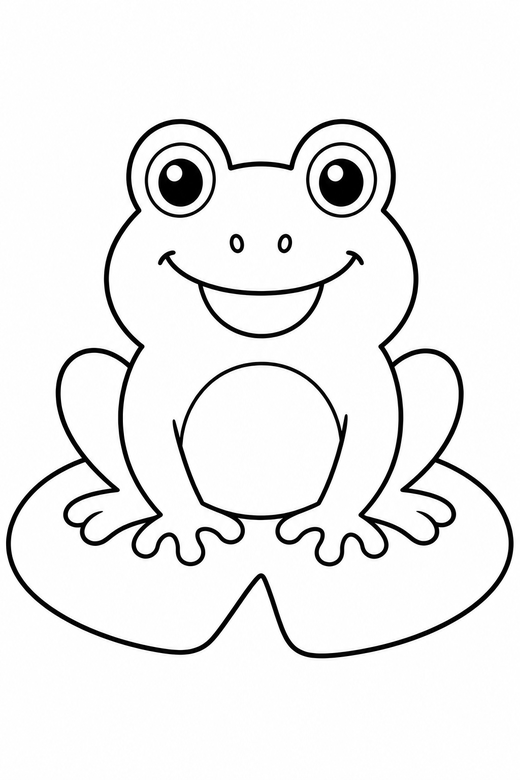 Frog on a lily pad: A small round frog sitting on a lily pad, smiling, free printable coloring page