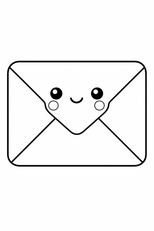 Envelope blushing plain: A sealed envelope with rosy cheeks and a tiny smile on a plain background with generous white space, in a soft rounded kawaii style, free printable coloring page