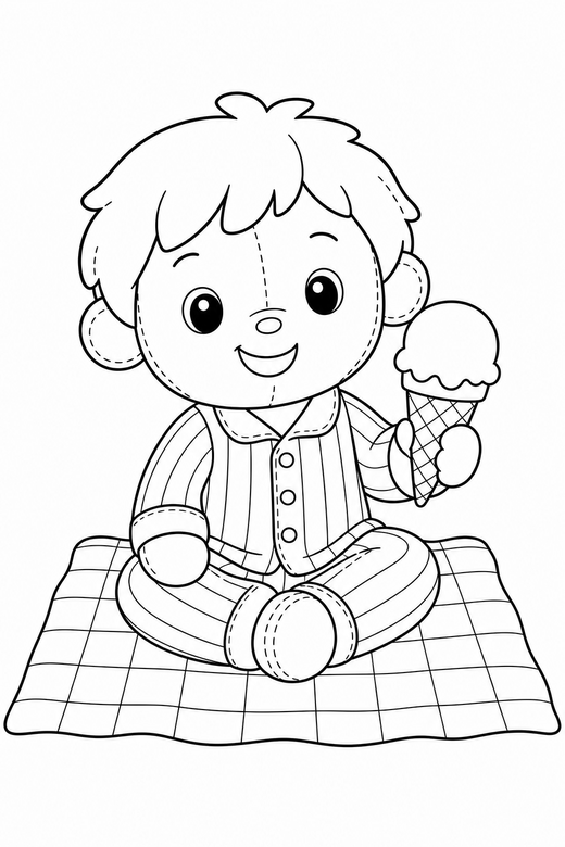 Kid in pajamas with ice cream: An original chibi child in striped pajamas holding an ice cream cone on a picnic blanket, drawn to look like a soft plush toy with visible stitch lines, free printable coloring page