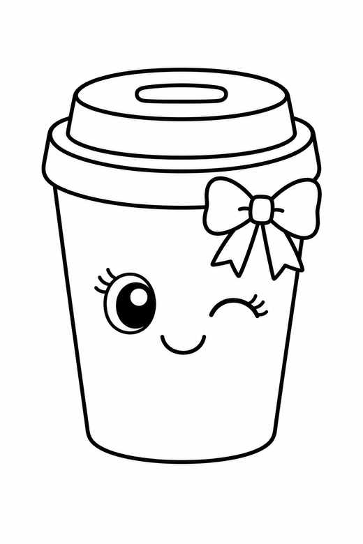 Coffee cup winking with a bow: A takeaway coffee cup with a lid winking one eye wearing a small ribbon bow, in a very simple minimal style with only a few lines, free printable coloring page