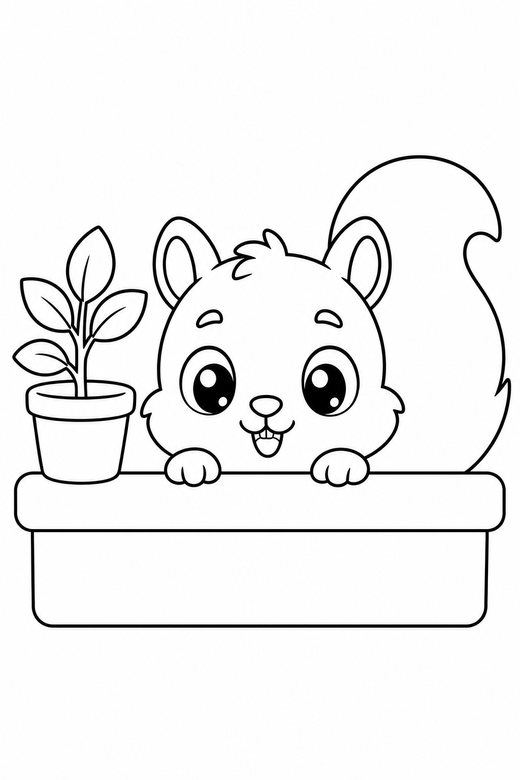 Squirrel peeking by a plant: A squirrel with a bushy tail peeking over a ledge beside a small potted plant, in a chibi style with an oversized head and a tiny body, free printable coloring page