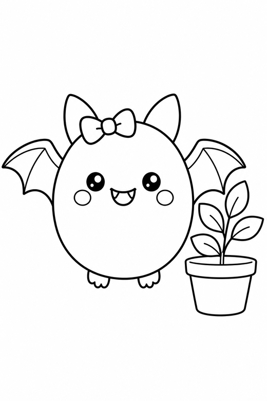 Bat with a bow by a plant: A round bat with a tiny bow on its head beside a small potted plant, in a soft rounded kawaii style, free printable coloring page