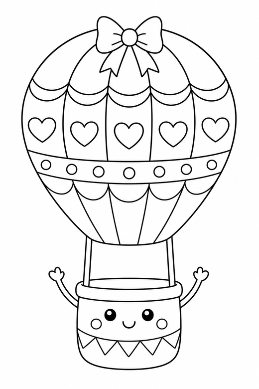 Hot air balloon arms up with a bow: A hot air balloon with a basket with tiny stick arms raised with a small bow on top, with small decorative details such as tiny patterns and a little accessory, free printable coloring page