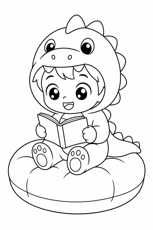 Kid in a dinosaur costume reading: An original chibi child in a dinosaur costume reading a small book on a big round cushion, in a chibi style with an oversized head and a tiny body, free printable coloring page